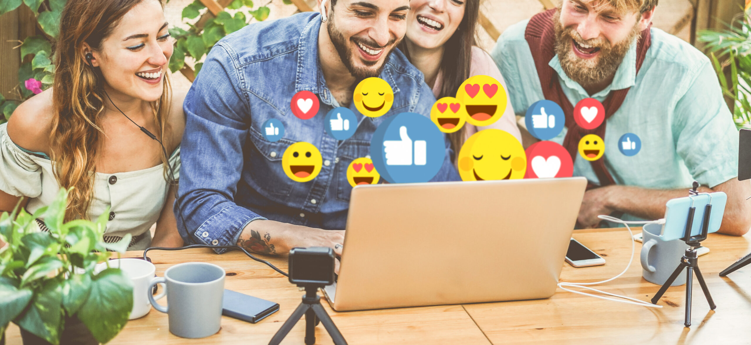 Young People Streaming Online Using Laptop, Smartphone And Action Cameras